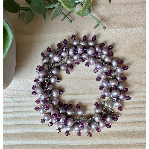 VTG Cha Cha Cluster Bracelet 6.5 Inch Purple Pearls Crystals 925 Sterling 35.6g